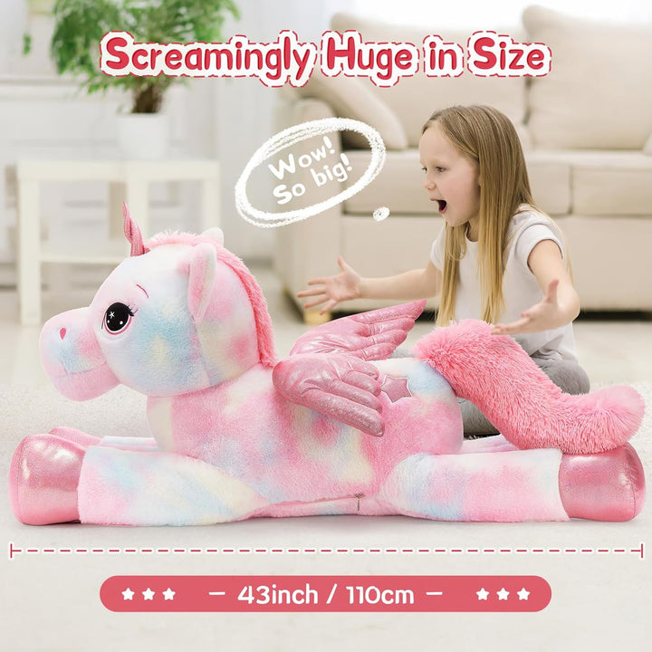 MorisMos Einhorn Kuscheltier gross XXL mit flügel, 110cm riesen Einhorn Stofftier Plüschtier, Gesche