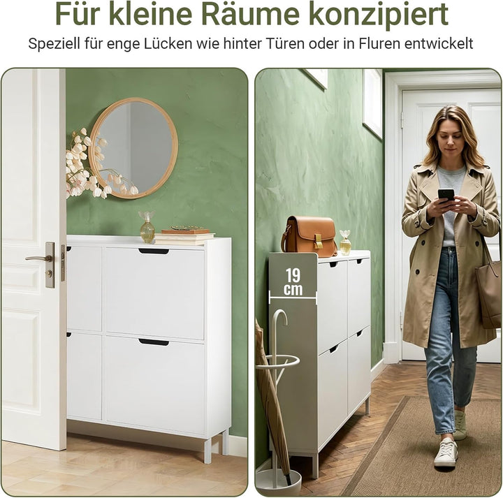 SoBuy Schuhschrank schmal mit 4 Klappen platzsparender Schuhkipper Hoch Kommode mit 4 Ablagen Schuhr