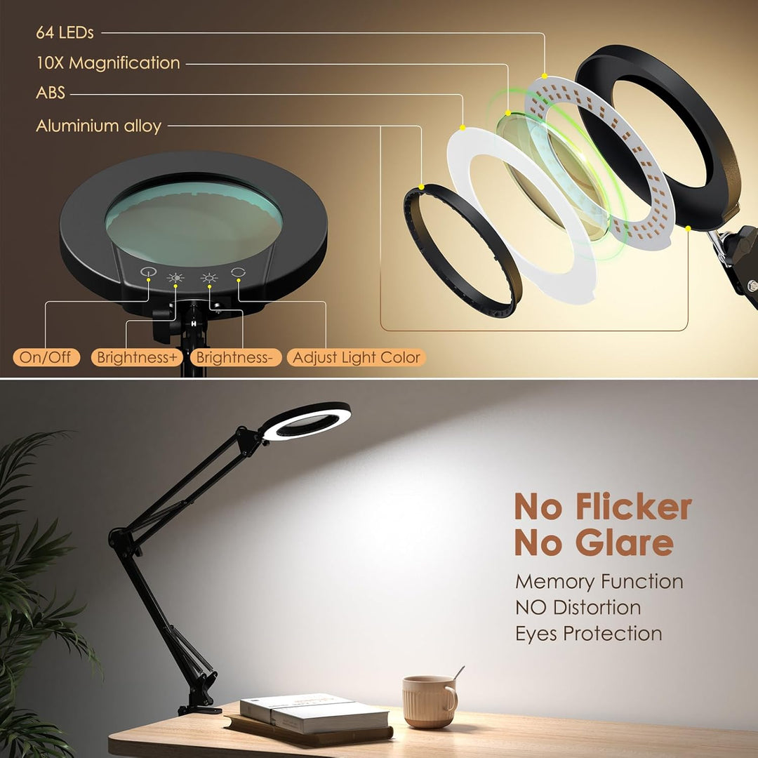 Neoglint Lupe Mit Licht und Ständer, Lupe LED Mit 105 mm 10-Facher Grüner Glaslinse, Schreibtisch-Lu