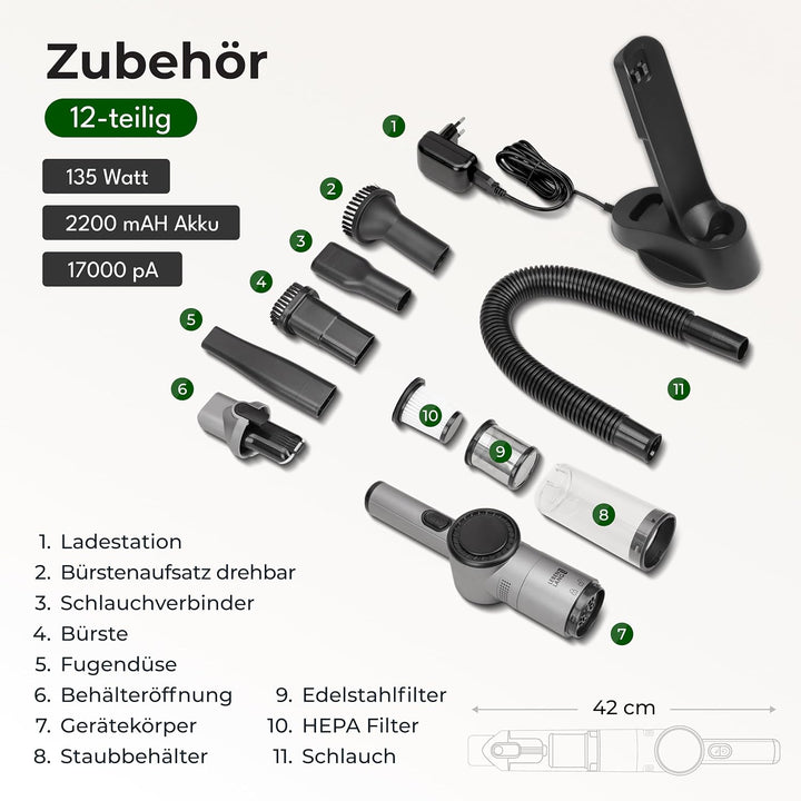 LEBENLANG Kabelloser Handstaubsauger Akku 17000PA I TESTSIEGER I Inkl. Starker LI-Akku & Standhalter