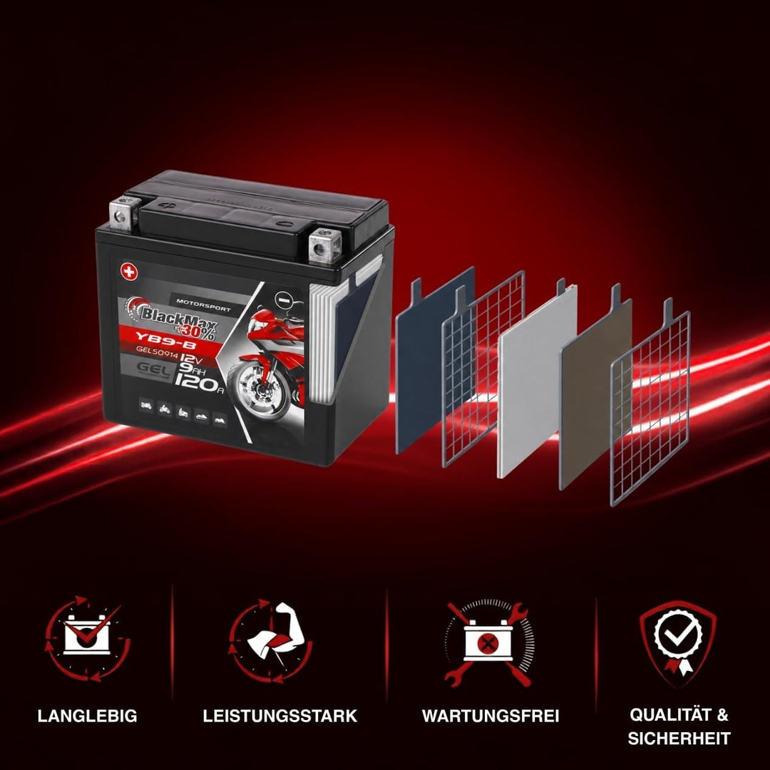 BlackMax YB9-B Motorradbatterie GEL 12V 9Ah Batterie YB9-BS CB9-B GM9Z 12N9-4B-1 9Ah - 120A - YB9-B,