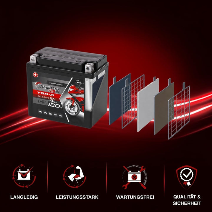 BlackMax YB9-B Motorradbatterie GEL 12V 9Ah Batterie YB9-BS CB9-B GM9Z 12N9-4B-1 9Ah - 120A - YB9-B,