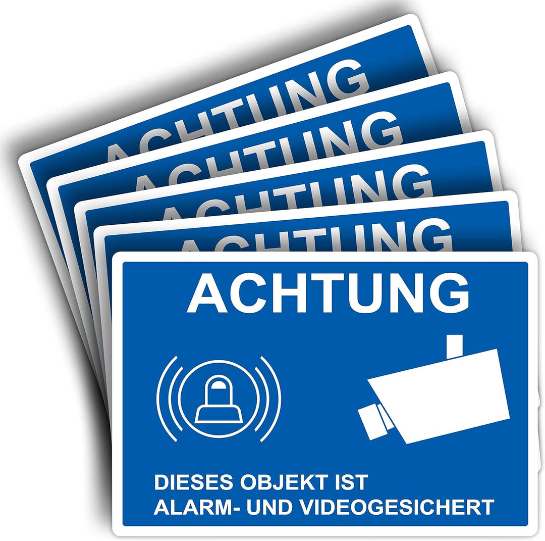 5 Stück Achtung dieses Objekt ist Alarm und Videogesicht Schild 20 x 30 cm aus stabiler PVC Hartscha