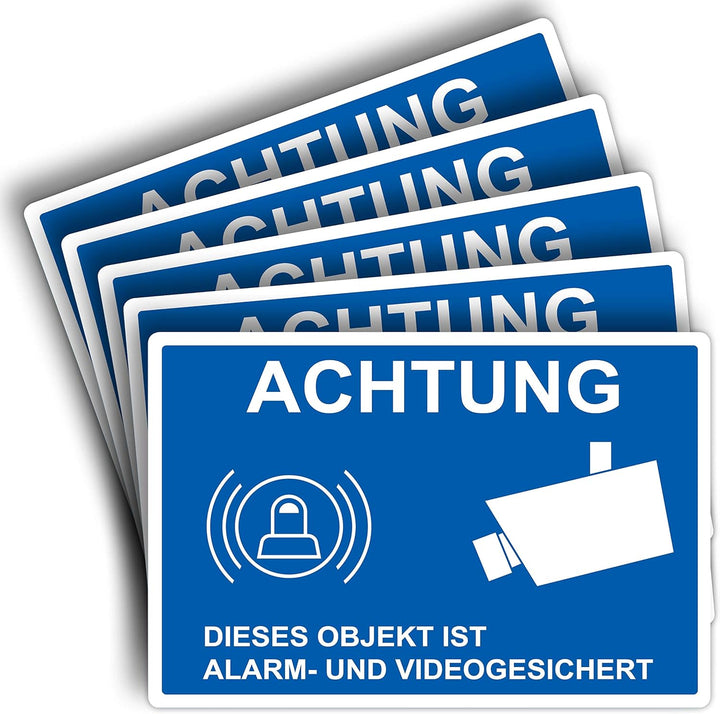 5 Stück Achtung dieses Objekt ist Alarm und Videogesicht Schild 20 x 30 cm aus stabiler PVC Hartscha