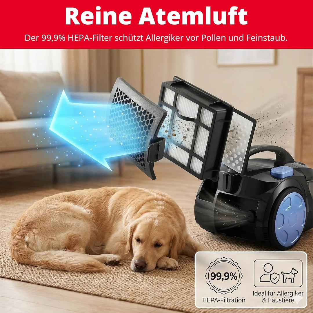 Trisa Bodenstaubsauger Beutellos True Cyclone Comfort, Kein Saugkraftverlust, HEPA Filter 99,9% für