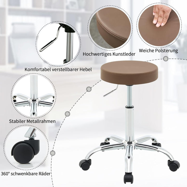 FIRAVOE Höhenverstellbarer Rollhocker aus Kunstleder, ergonomischer rückenloser Büro-Zeichenstuhl 49