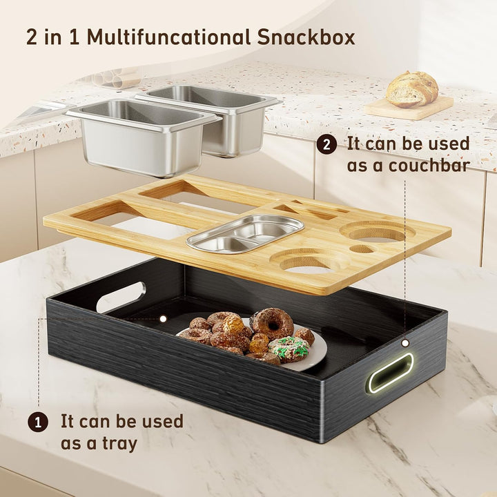 Couchbar Snackbox aus Bambusholz mit 3 Edelstahl-Schalen, Sofa Butler Organizer Tablett mit Getränke