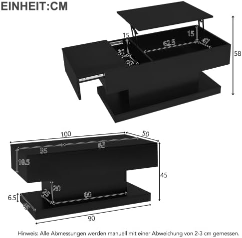 Merax Couchtische 100x50x45 cm, Hochglanz-Lift-Teetisch, Kaffeetisch mit LED-Beleuchtung – Halbhebba