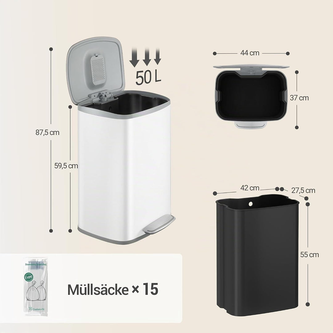 Hzuaneri Mülleimer Küche, 50 Liter Abfalleimer mit Tretpedal, Tretmülleimer mit Softclose-Deckel und