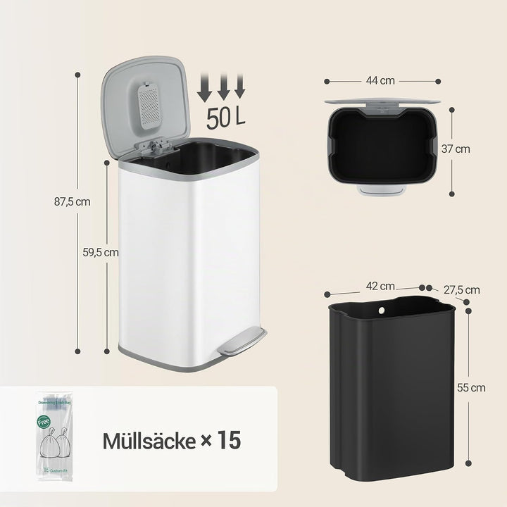 Hzuaneri Mülleimer Küche, 50 Liter Abfalleimer mit Tretpedal, Tretmülleimer mit Softclose-Deckel und