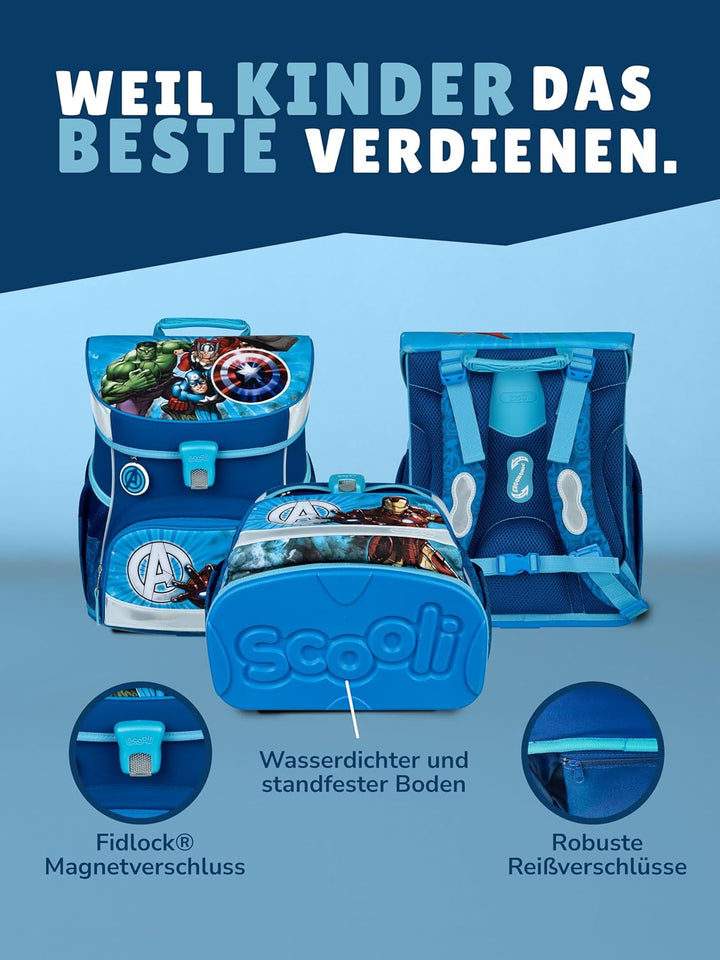 Familando - Scooli Campus Fit Schulranzen Set - 10-teilig mit Schultüte - Marvel Avengers Hell-Blau
