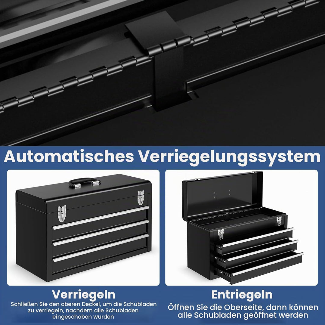 SOARS Werkzeugkiste Metall, Werkzeugkasten mit oberem Ablagefach &amp; 3 Schubladen, Werkzeugbox mit 2 M