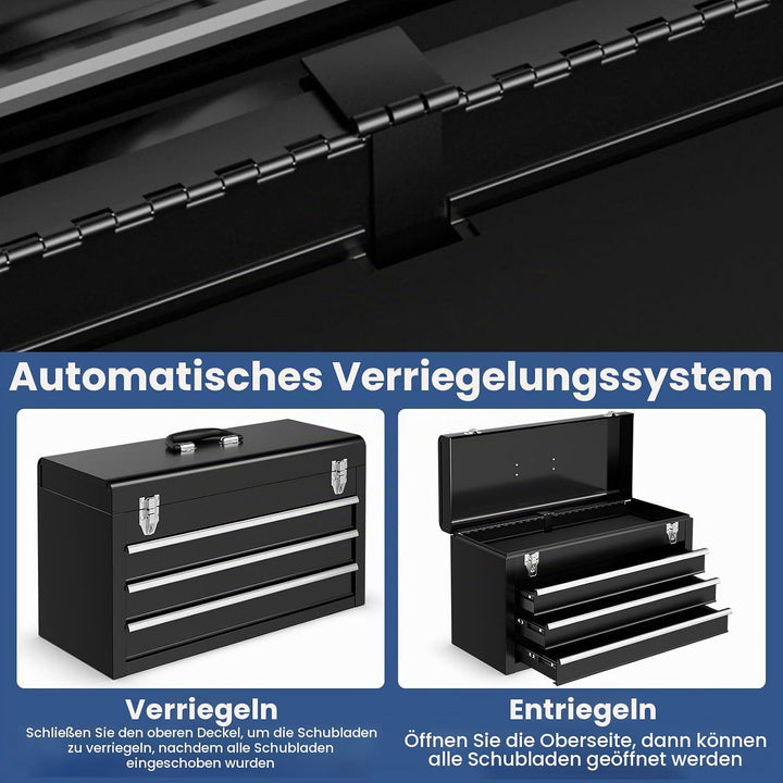 SOARS Werkzeugkiste Metall, Werkzeugkasten mit oberem Ablagefach &amp; 3 Schubladen, Werkzeugbox mit 2 M