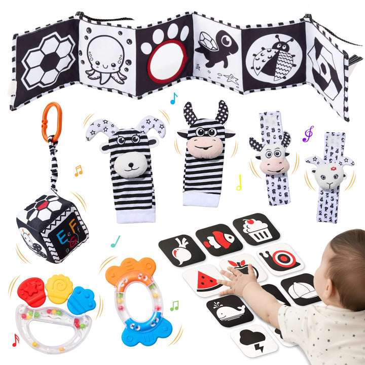 JoyCat Babyspielzeug 0-6 Monate, 6 in 1 Sensorik Baby Spielzeug mit Kontrastkarten, Schwarz Weiss Ko