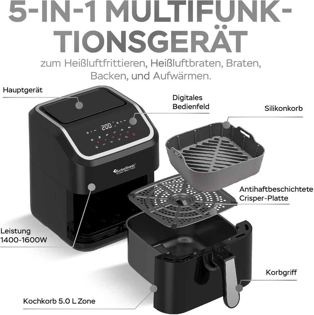 Heissluftfritteuse XL, 5 Liter - AF12 - digitale XL Heissluftfritteuse, 10 Programme, Airfryer, Frit