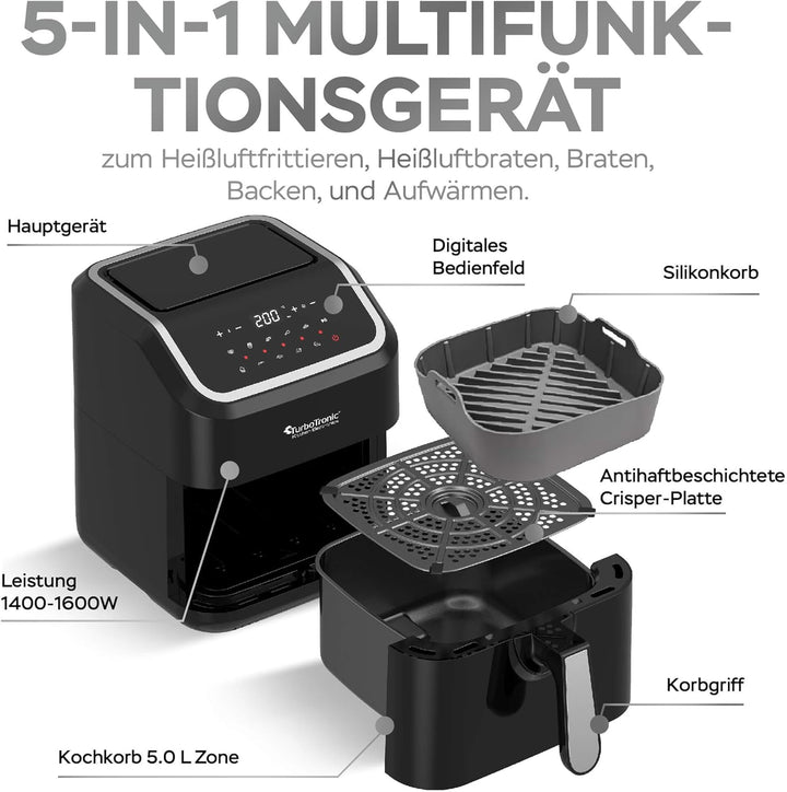 Heissluftfritteuse XL, 5 Liter - AF12 - digitale XL Heissluftfritteuse, 10 Programme, Airfryer, Frit