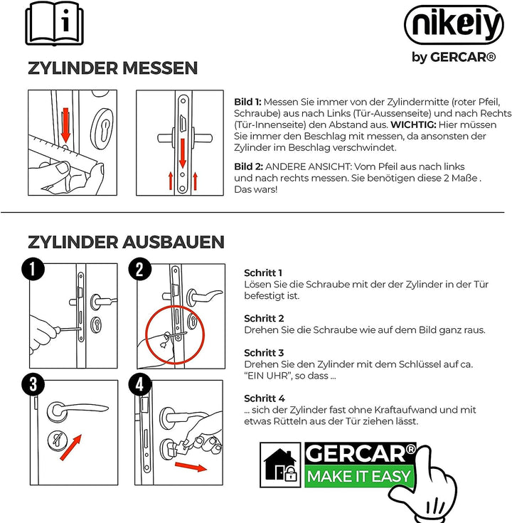 GERCAR 1x Schliesszylinder gleichschliessend 1 Profilzylinder 45/45 inkl. 5 Schlüssel (als Erweiteru