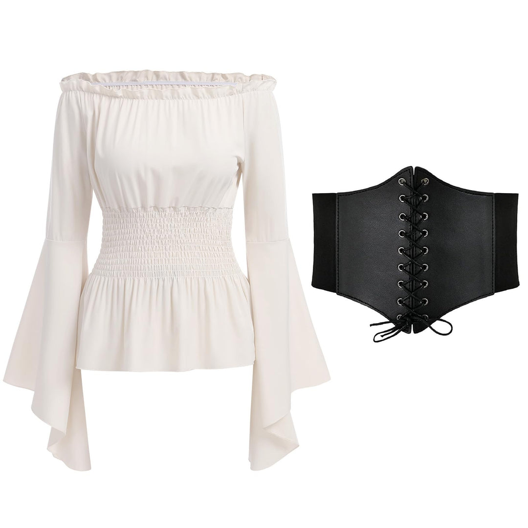 Odizli Mittelalter Kleidung Damen Gothic Steampunk Langarm Off Shoulder Corsett Top + Gürtel Viktori