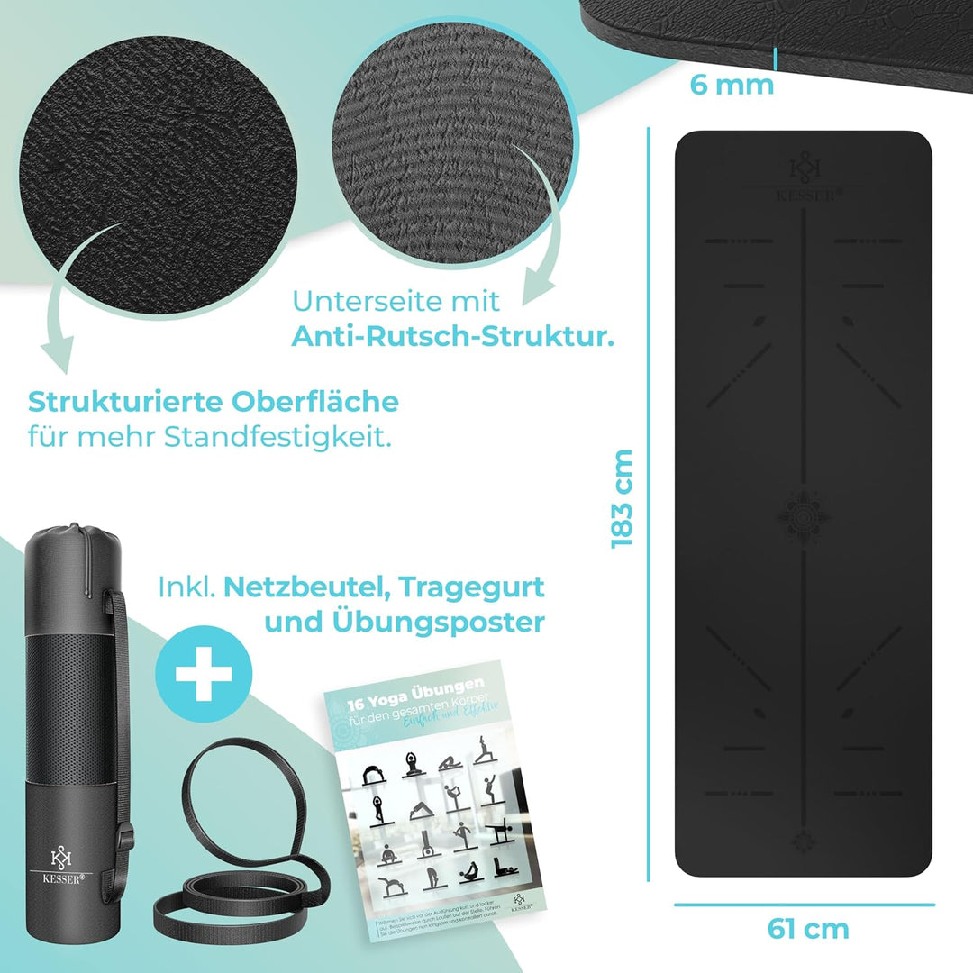 KESSER® Gymnastikmatte mit Tragegurt rutschfest TPE Yogamatte Gepolstert &amp; rutschfest Fitnessmatte,