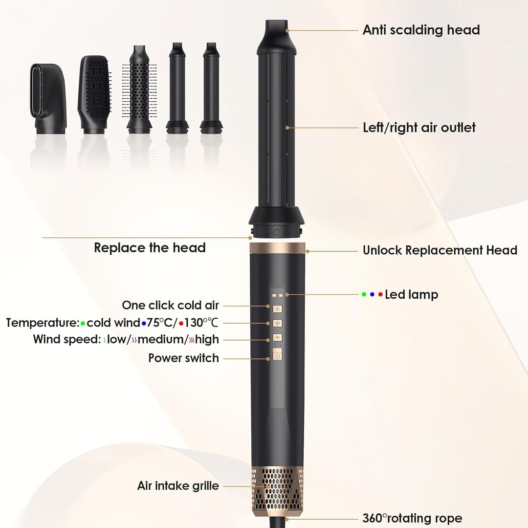 Airstyler Set 5in1, Professioneller Warmluftbürste Set 1400W,Multifunktionaler Hairstyler,Lockenstab