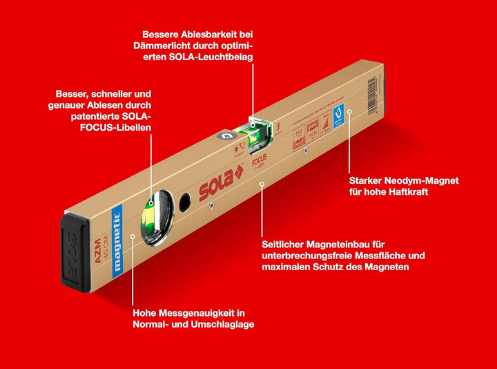 SOLA Aluminium Magnetwasserwaage AZM 40cm mit 2 Libellen, 400 mm, 400 mm