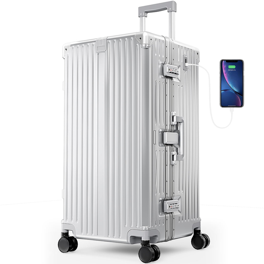 ALPHA CAMP Koffer XL Aluminium Rahmen & Polycarbonat Hartschale mit TSA Schloss Koffer Silber Gross