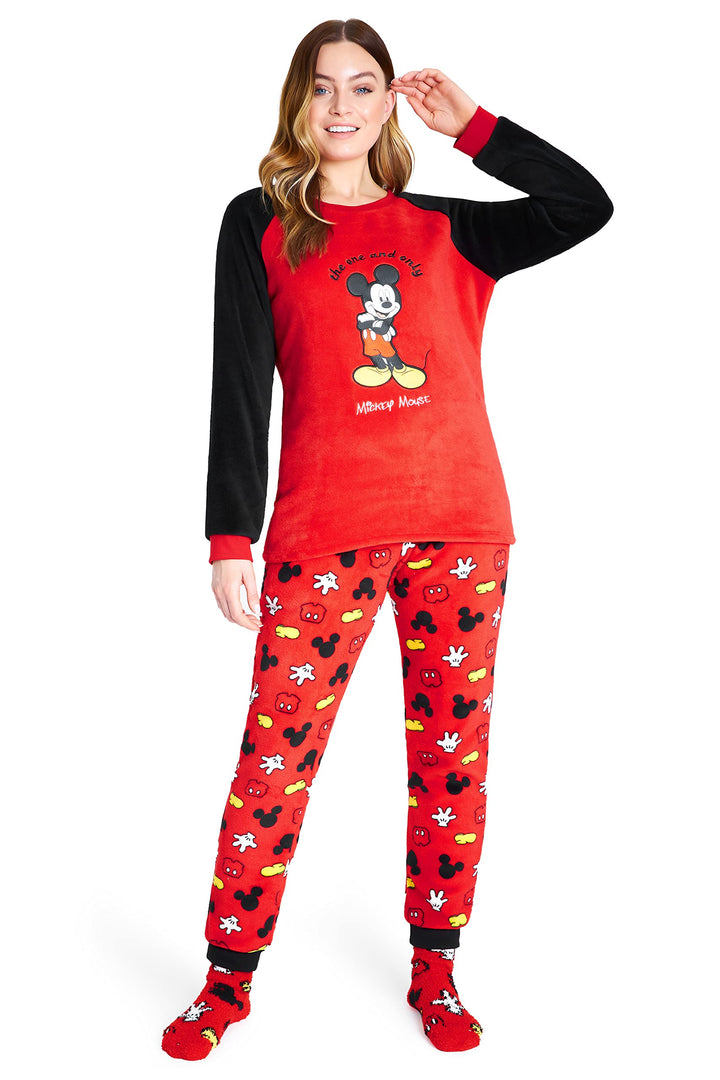 Disney Schlafanzug Damen mit Kuschelsocken Set Charaktere Stitch Geschenke Set M Rot Mickey, M Rot M