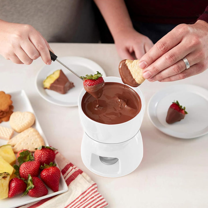 2 Stück Keramik Schokoladenfondue Set mit 8 Gabeln, Reines Weisses Porzellan-Schmelztopf für Schokol