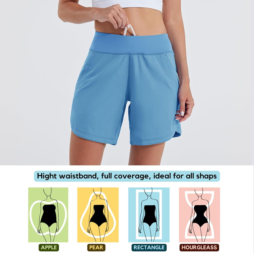 WILLIT Damen 7" Badeshorts Schwimmen Boardshorts Badehose Schnell Trocknend Bikini Shorts High Waist