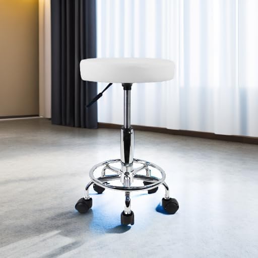 KKTONER Rollhocker Barhocker Bürohocker Arbeitshocker höhenverstellbar drehbar aus Kunstleder Weiss,