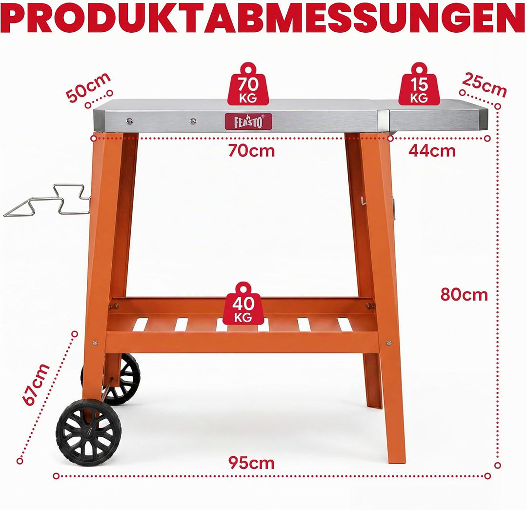 Feasto Grillwagen mit klappbarer Seitenablag, Grilltisch mit Edelstahlplatte, Servierwagen für Küche
