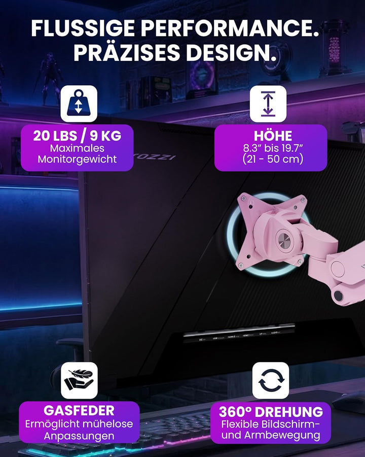 Arozzi Alzare Neo Single Gasdruckfeder-Monitorarm - Vollbewegung, Höhenverstellbar 21–50 cm, VESA 75
