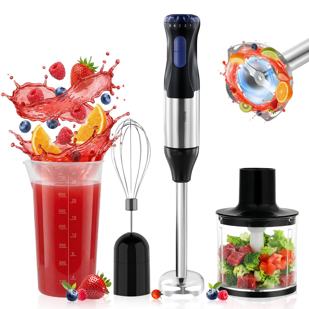 4-in-1 Stabmixer Edelstahl, 1000W Pürierstab mit 5 Geschwindigkeiten und Turbo-Modi, Schneebesen, 50
