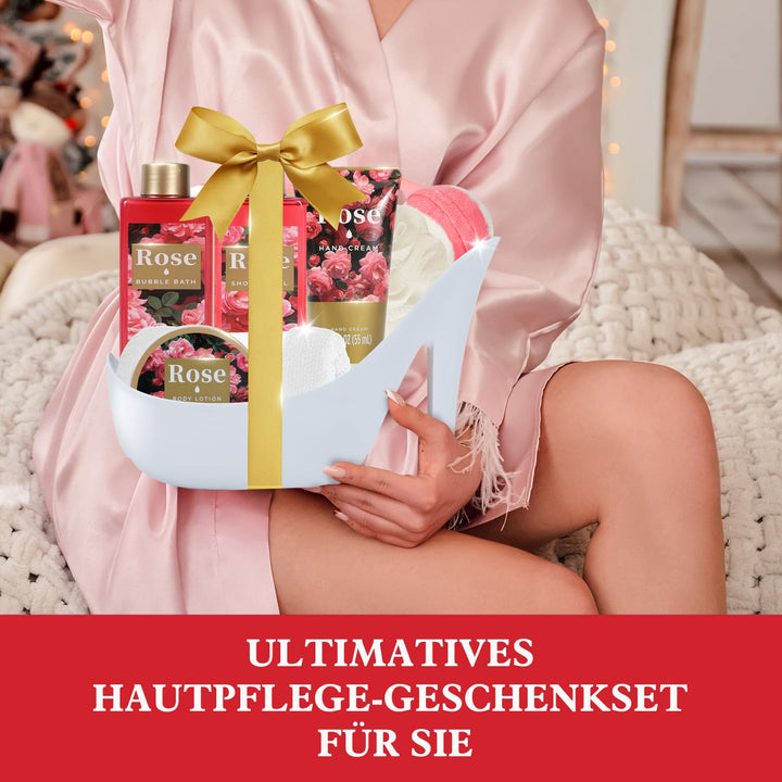 SPA LUXETIQUE Wellness Set für Frauen - 8tlg Rosenduft Bade Geschenkset mit Duschgel,Bodylotion,Scha