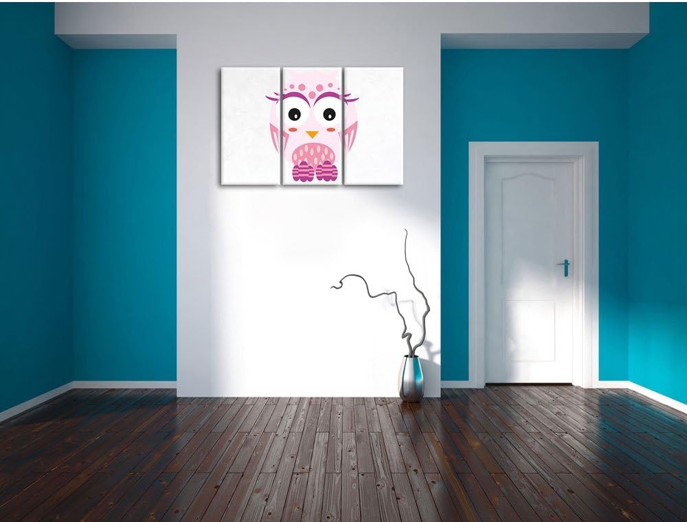 Pixxprint Hübsche rosa Eule weiss 3-Teiler Leinwandbild 120x80 Bild auf Leinwand