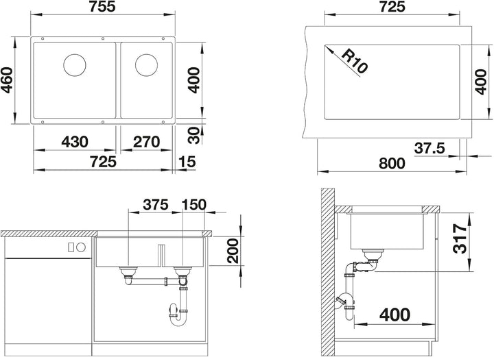 BLANCO SUBLINE 430/270-U | SILGRANIT schwarz | Einbauart: Unterbau | Hauptbecken links | ohne Ablauf
