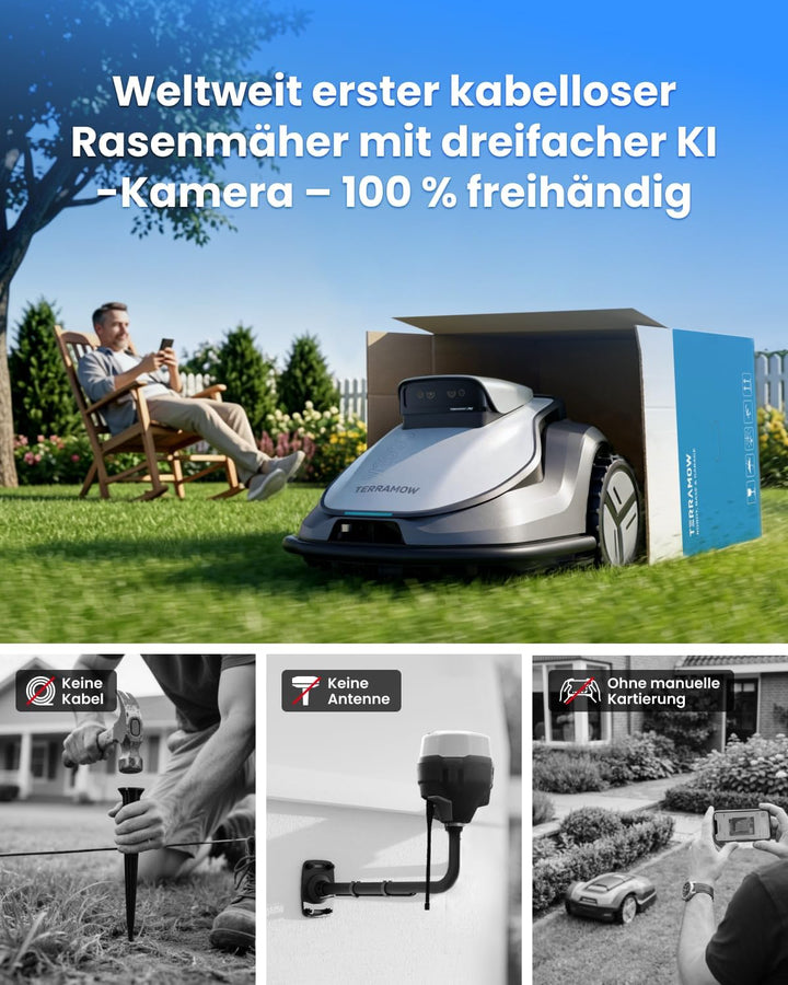 TerraMow V600 Mähroboter ohne Begrenzungskabel mit Garage, Tri-AI Vision-Technologie ohne Kabel-/RTK