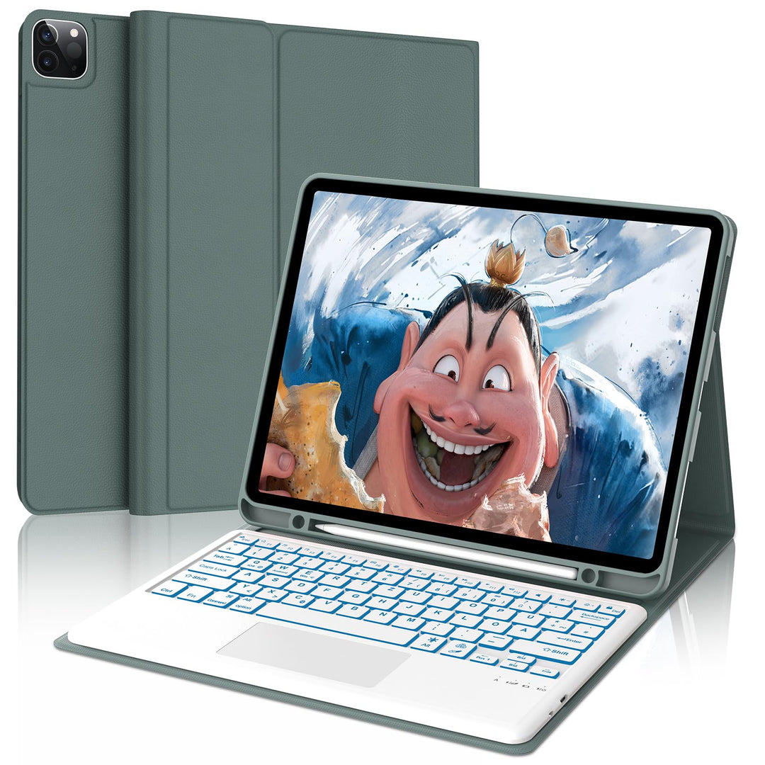Hülle mit Tastatur für iPad Pro 12.9 (6/5/4/3 Gen), 7 Farben Beleuchtung, Multi Touch Trackpad, Deut