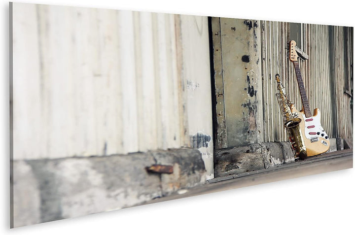 islandburner Bild auf Leinwand Saxophon Mit Retro E-Gitarre An Altem Gebäude Bilder Wandbilder Poste