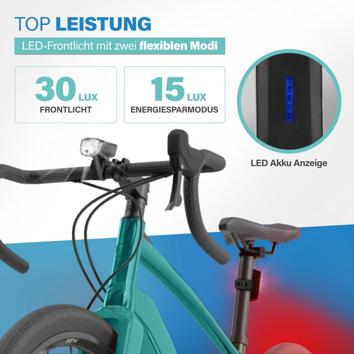Fischer Twin Fahrradlicht Set, 360° Bodenbeleuchtung, LED Fahrradlampe 30 Lux, Akku aufladbar mit US
