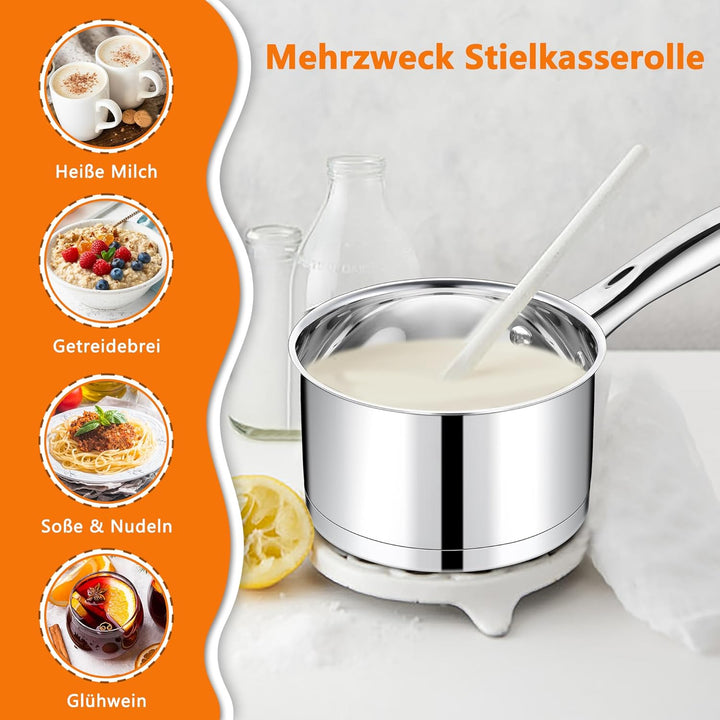 TEAMFAR Stielkasserolle, 14cm klein Edelstahl Milchtopf Topf Induktion mit Glasdeckel, 3-Lagen Boden