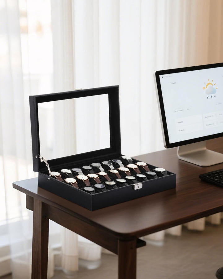 Uten Uhrenbox mit 24 Fächern, Uhrenbox mit Schlüsselschloss, Glasabdeckung, Uhrendisplay Aufbewahrun