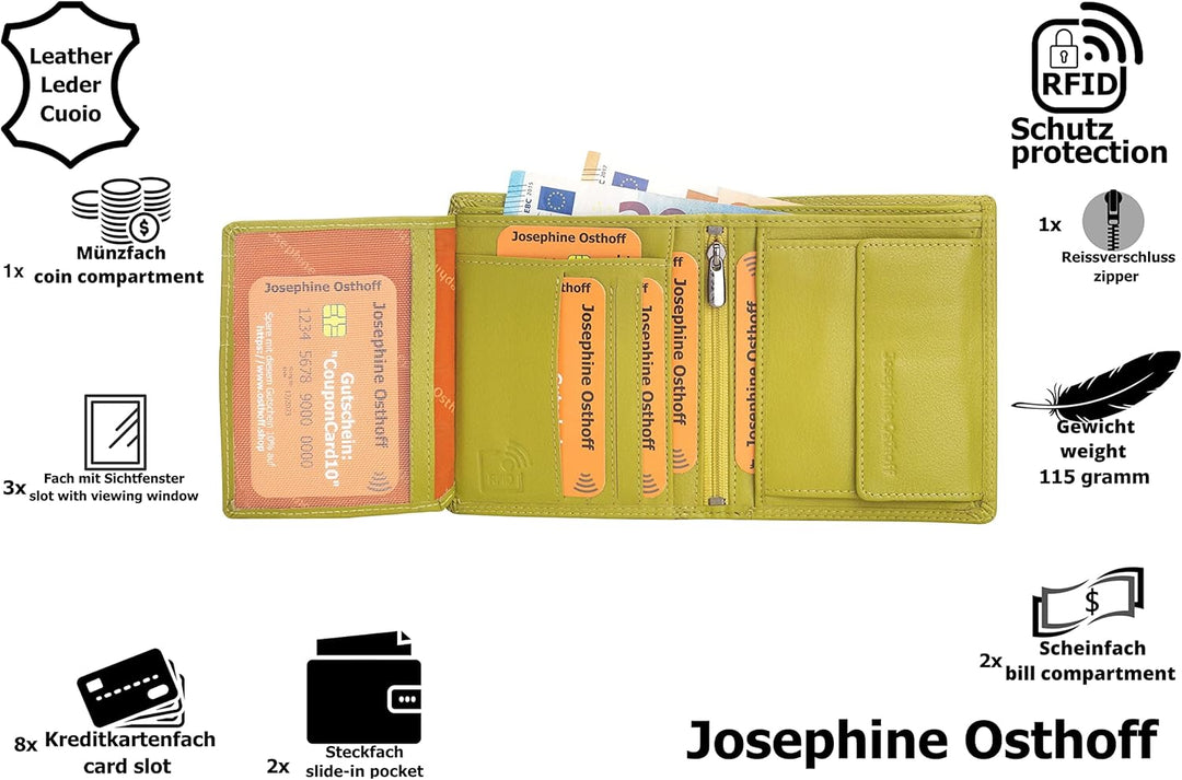 Josephine Osthoff MOOS Geldbörse echt Leder mit RFID Schutz, Farbe:Limone, Limone