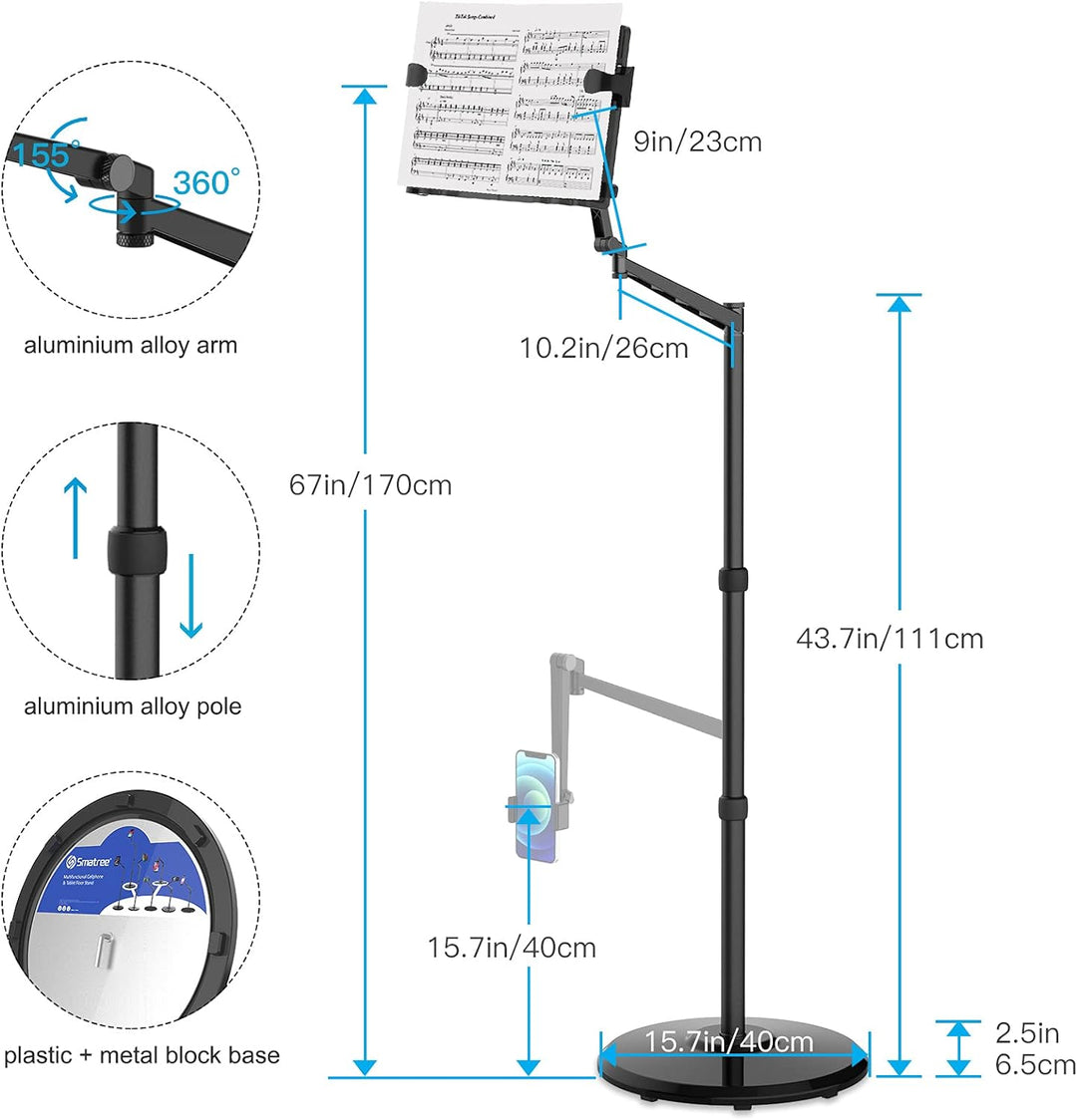 Smatree Notenständer iPad Floor Stand, iPad Mini 6 8,3 Zoll Mount Holder 360 Grad Drehbar Höhenverst