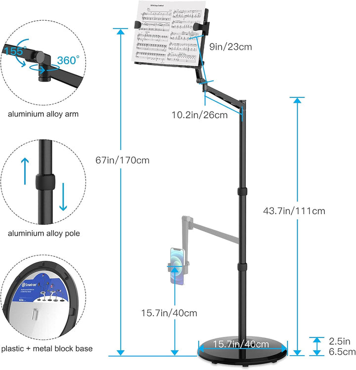 Smatree Notenständer iPad Floor Stand, iPad Mini 6 8,3 Zoll Mount Holder 360 Grad Drehbar Höhenverst