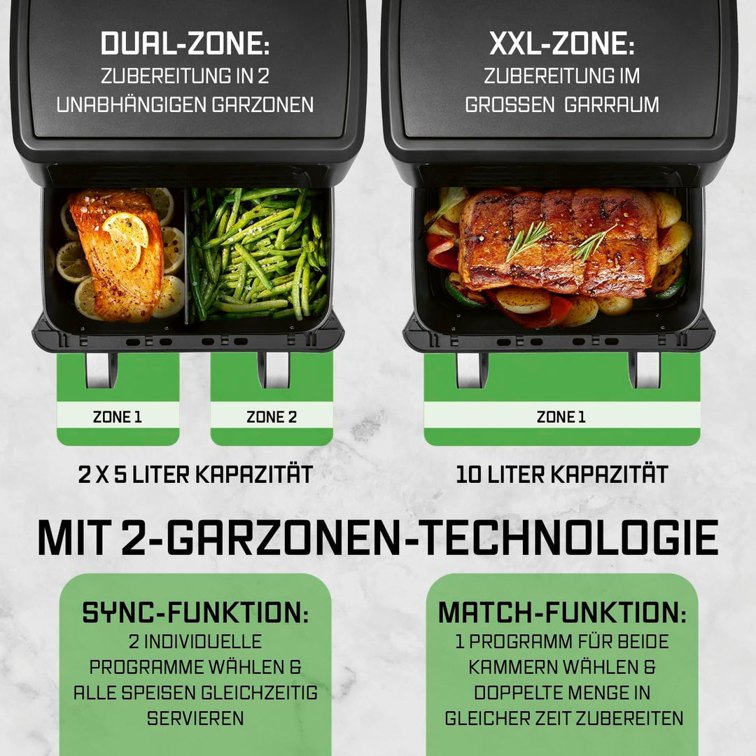 GOURMETmaxx AirGenius Heissluftfritteuse, 10 L - 2 x 5 L Airfryer Vario-Kammer | Fritteuse mit 10 Pr
