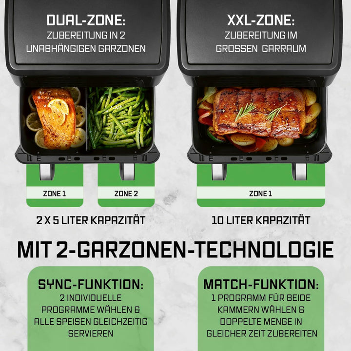 GOURMETmaxx AirGenius Heissluftfritteuse, 10 L - 2 x 5 L Airfryer Vario-Kammer | Fritteuse mit 10 Pr