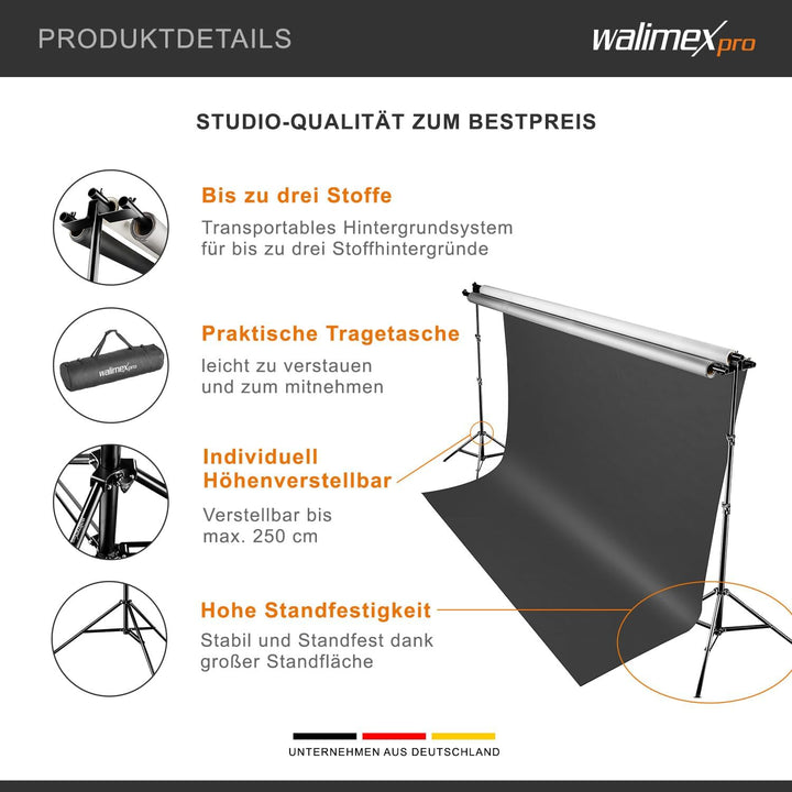 Walimex pro 3-fach Hintergrundsystem 145-290cm I für bis zu 3 Leinwände aus Papier & Stoff I stabile