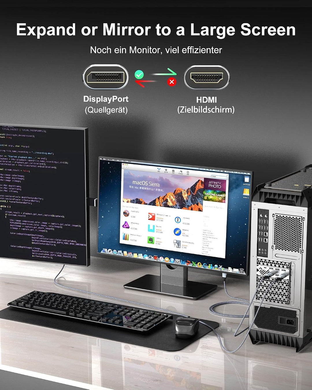 8K DisplayPort auf HDMI Kabel 3M, Unidirektionaler DP Quelle zu HDMI Display, 8K@60Hz, 4K@240Hz, Dis