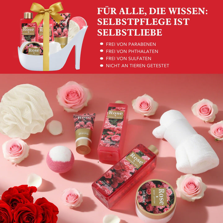 SPA LUXETIQUE Wellness Set für Frauen - 8tlg Rosenduft Bade Geschenkset mit Duschgel,Bodylotion,Scha